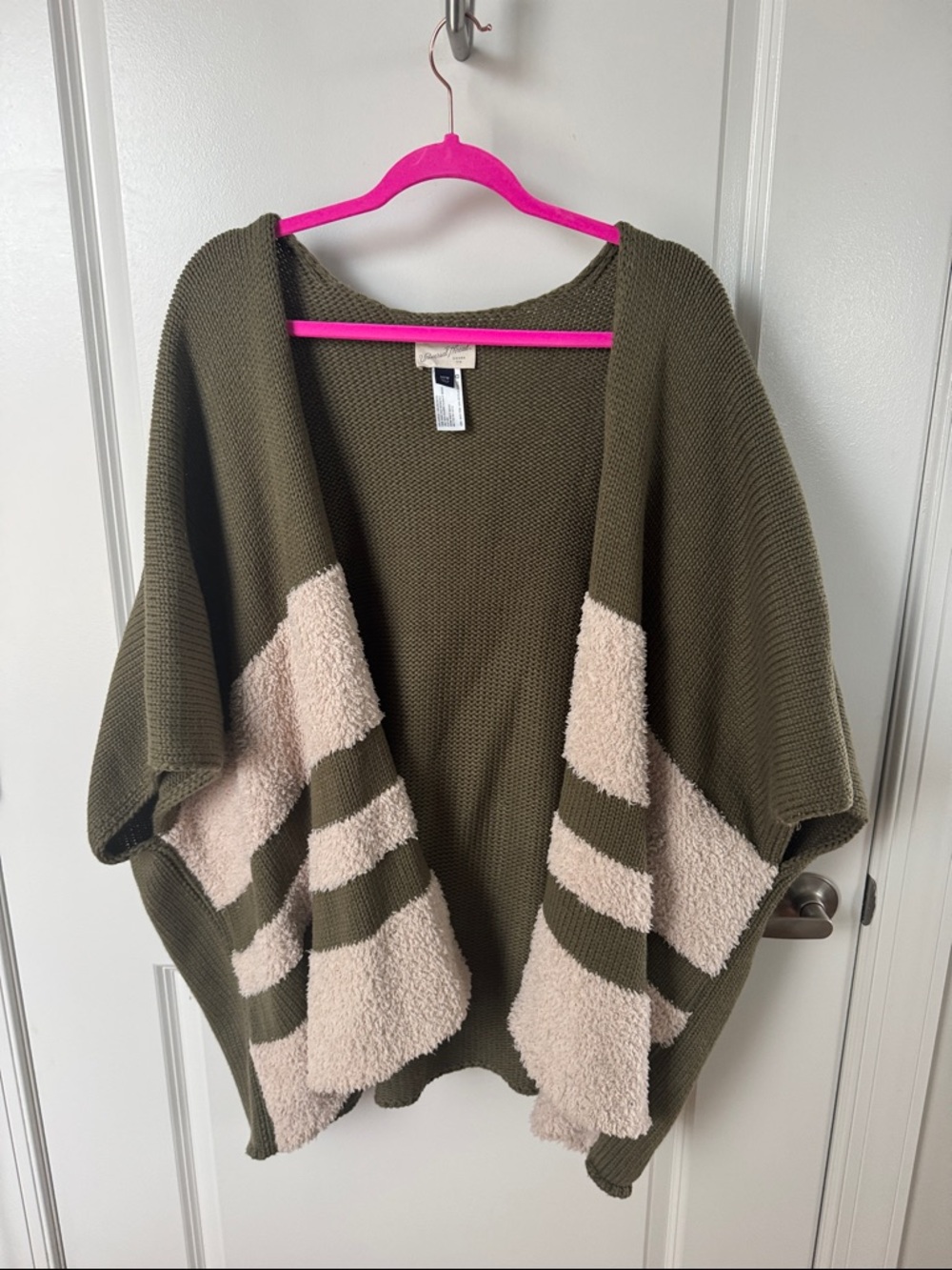 Universal Thread Olive Green Open Front Cardigan with Cream Stripe Panels
